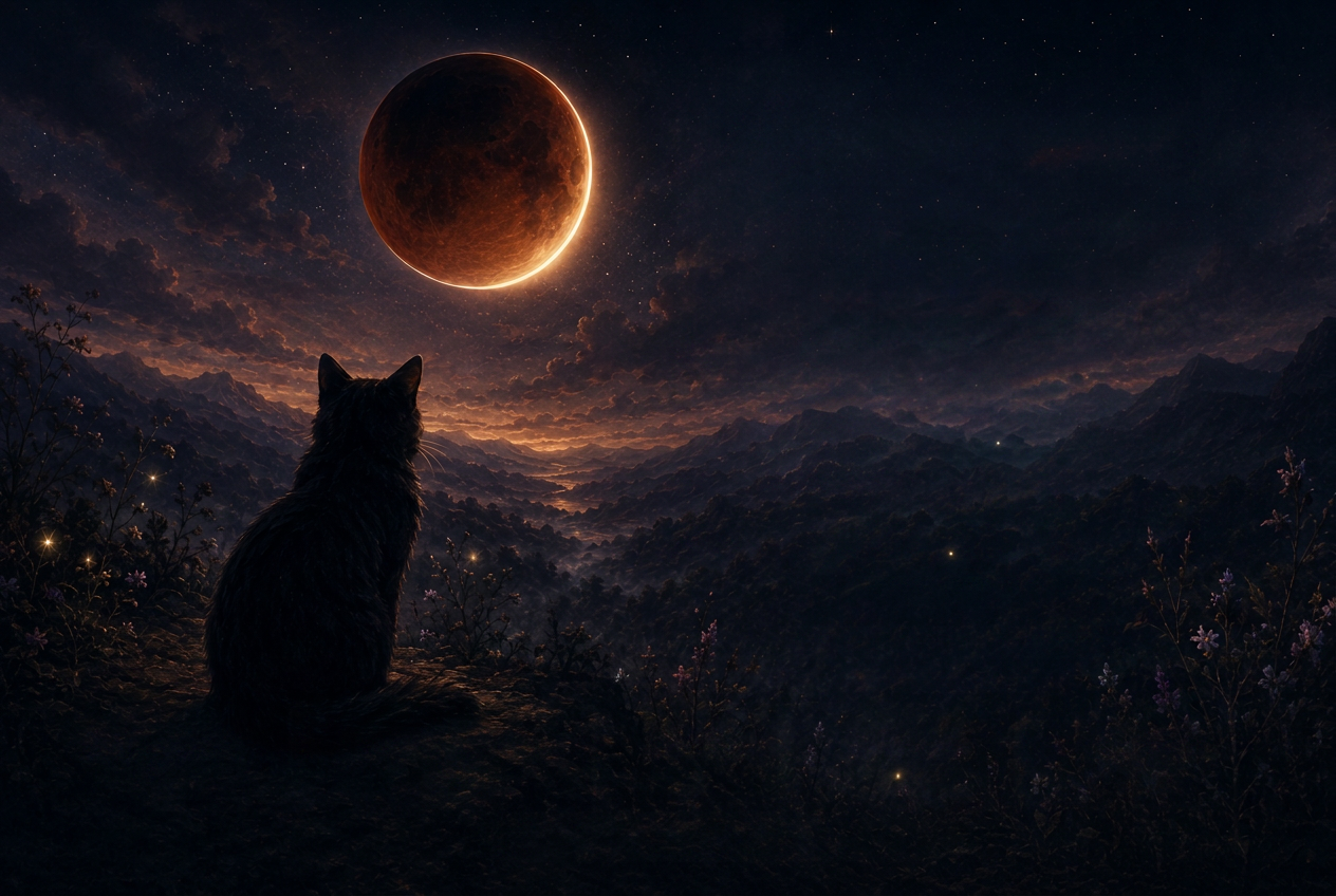 A black cat gazes from a night garden toward a copper lunar eclipse rising over dark mountains